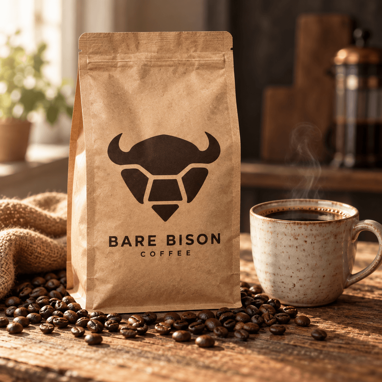 Kraft Bare Bison coffee bag with the selected bison-head mark on a wood table with coffee beans and a steaming ceramic cup