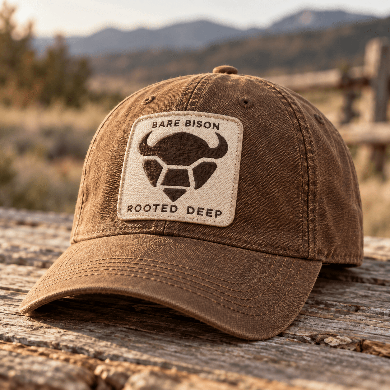 Warm brown canvas hat concept with an embroidered selected bison-head patch and the words Bare Bison and Rooted Deep