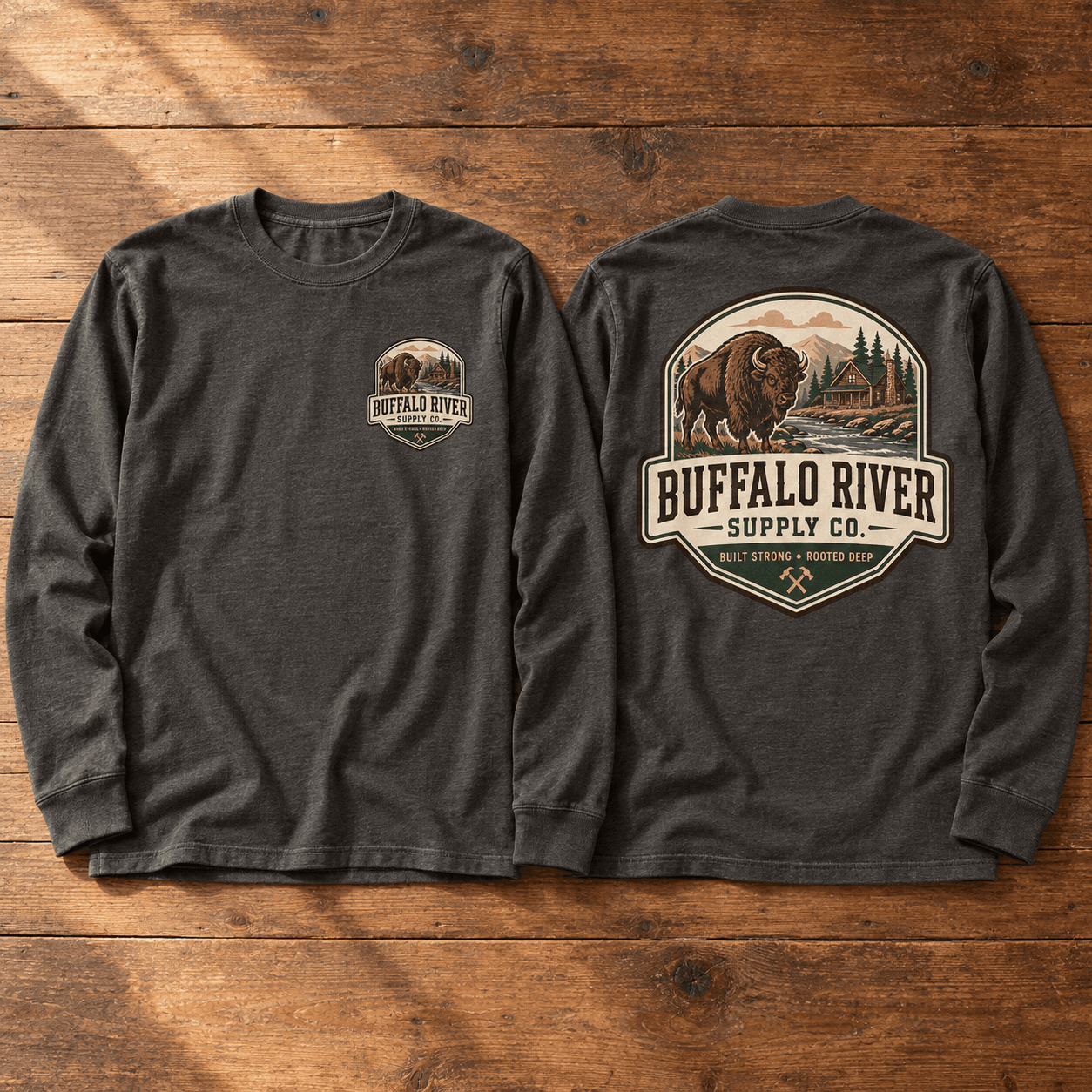Photorealistic concept showing front and back of a charcoal Buffalo River long-sleeve shirt with the scenic company crest