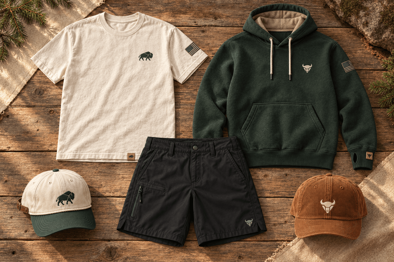 Bare Bison collection preview: black trail shorts with a bison head, two hats, a bone tee with a sleeve flag, and a forest hoodie with a small cuff tag