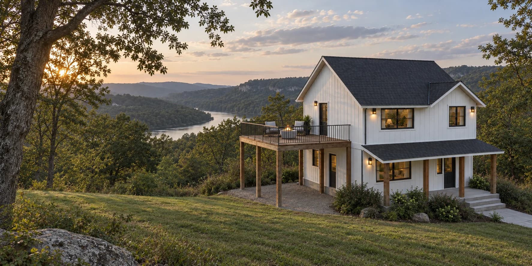 Cedar Vale architectural rendering with a furnished upper deck and river-valley backdrop