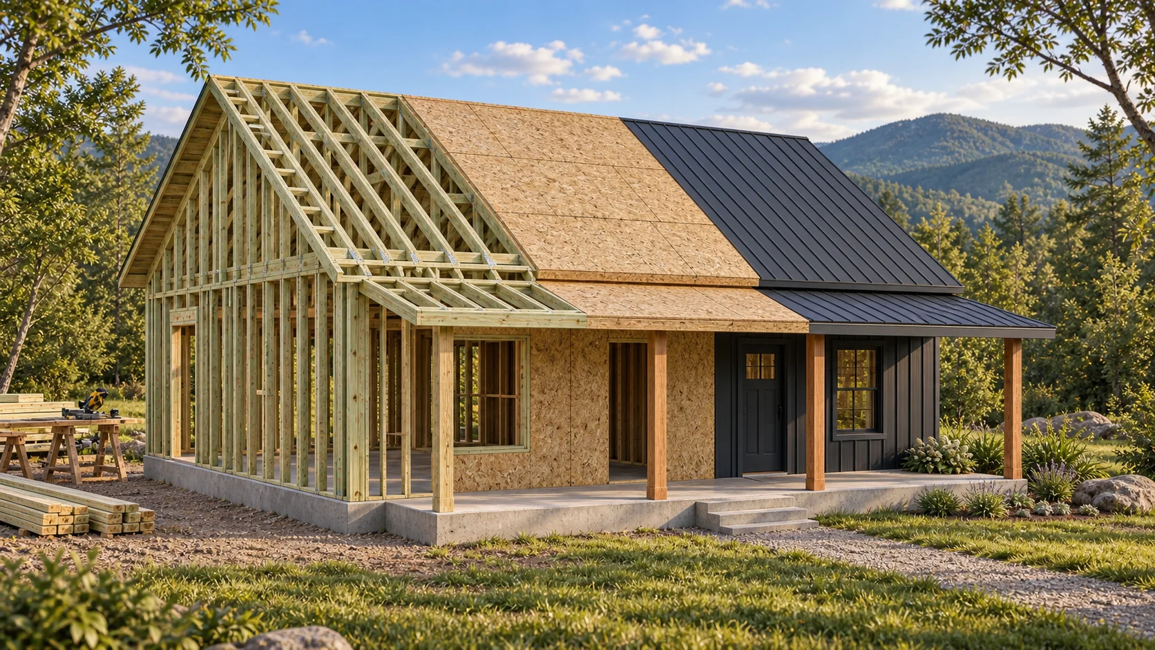 Single-story cottage artist illustration transitioning from treated framing to OSB sheathing to finished metal siding